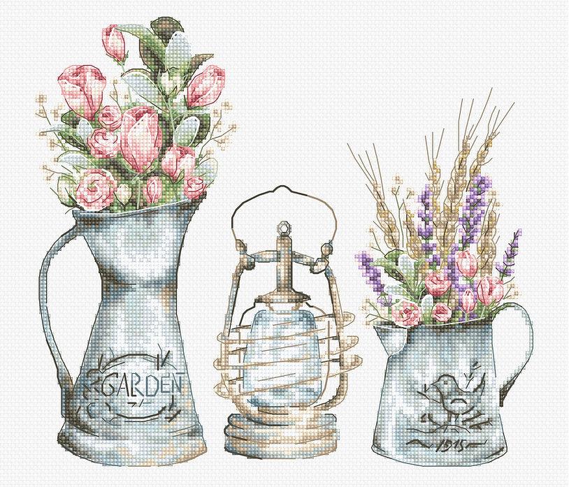 Lamp B7005L counted cross-stitch kit featuring a spring landscape with lavender and rose flowers, includes canvas, needle, and threads.